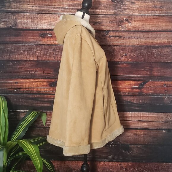 Mulberry Street Hooded Coat XL Faux Suede Faux Fur Lined Zip Vintage Camel Tan - Picture 3 of 9